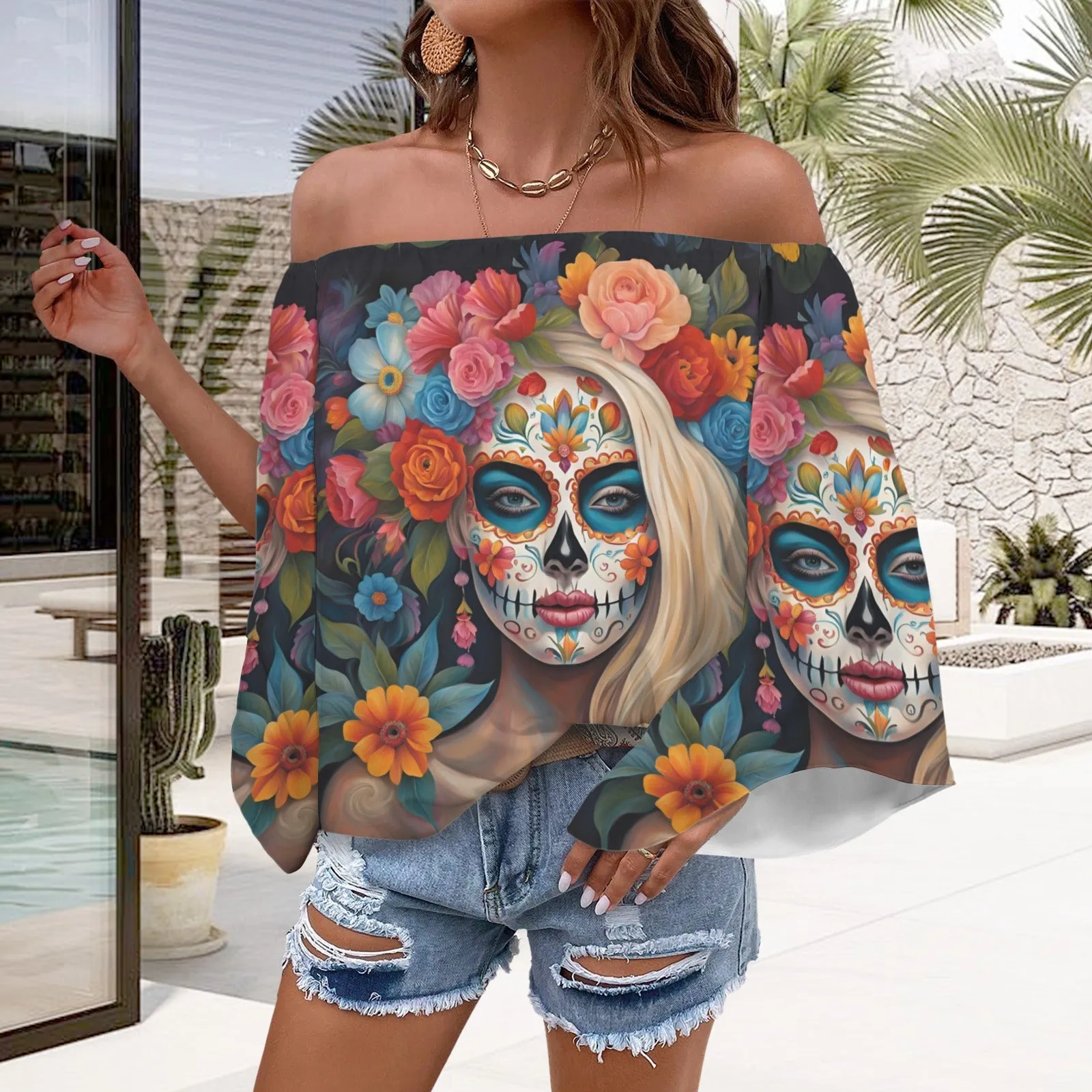 Day of the Dead Wildflower Off the Shoulder T-shirt, Dia de los muertos shirt, Witchy clothing, Sugar Skull shirt, Mexican shirt