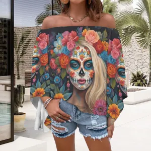 Day of the Dead Wildflower Off the Shoulder T-shirt, Dia de los muertos shirt, Witchy clothing, Sugar Skull shirt, Mexican shirt