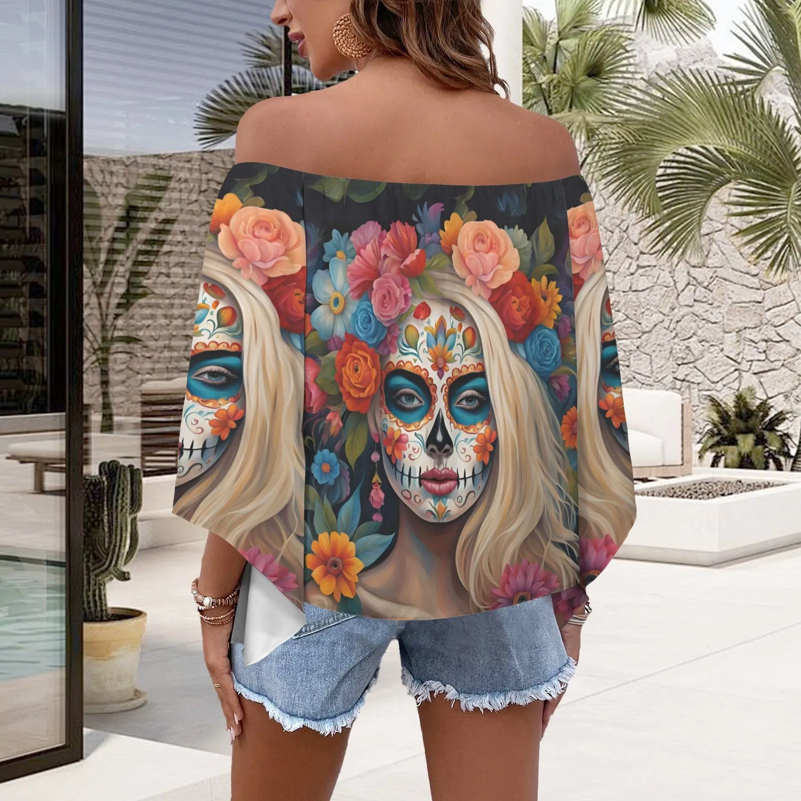 Day of the Dead Wildflower Off the Shoulder T-shirt, Dia de los muertos shirt, Witchy clothing, Sugar Skull shirt, Mexican shirt