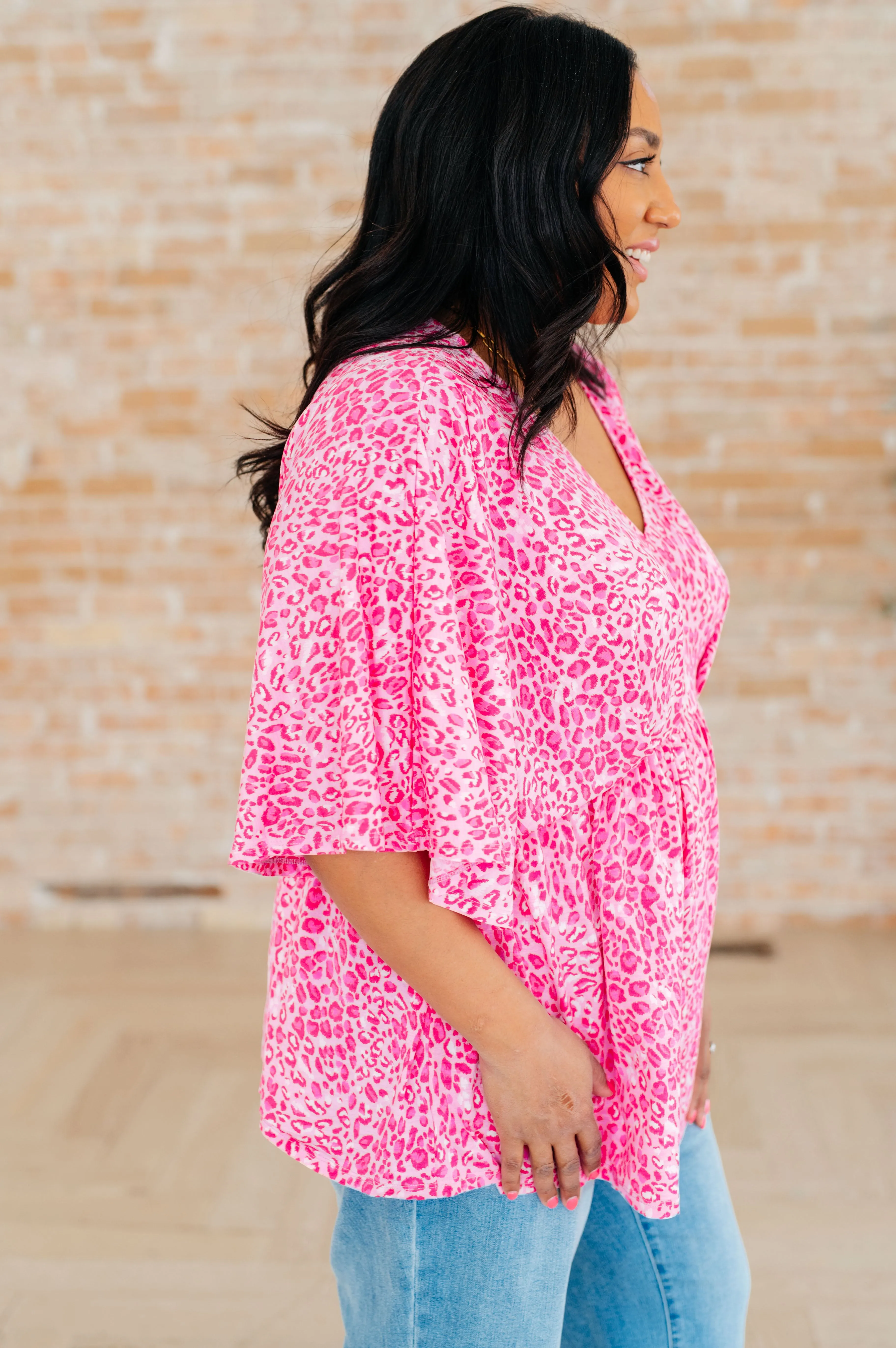 Dearest Dreamer Peplum Top in Pink Leopard