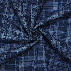 Deep Blue-Black Wool-Polyester Plaid Woven Shirting Fabric