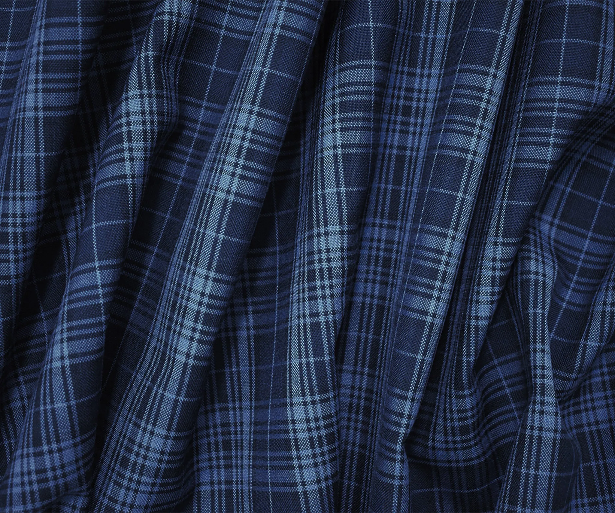 Deep Blue-Black Wool-Polyester Plaid Woven Shirting Fabric