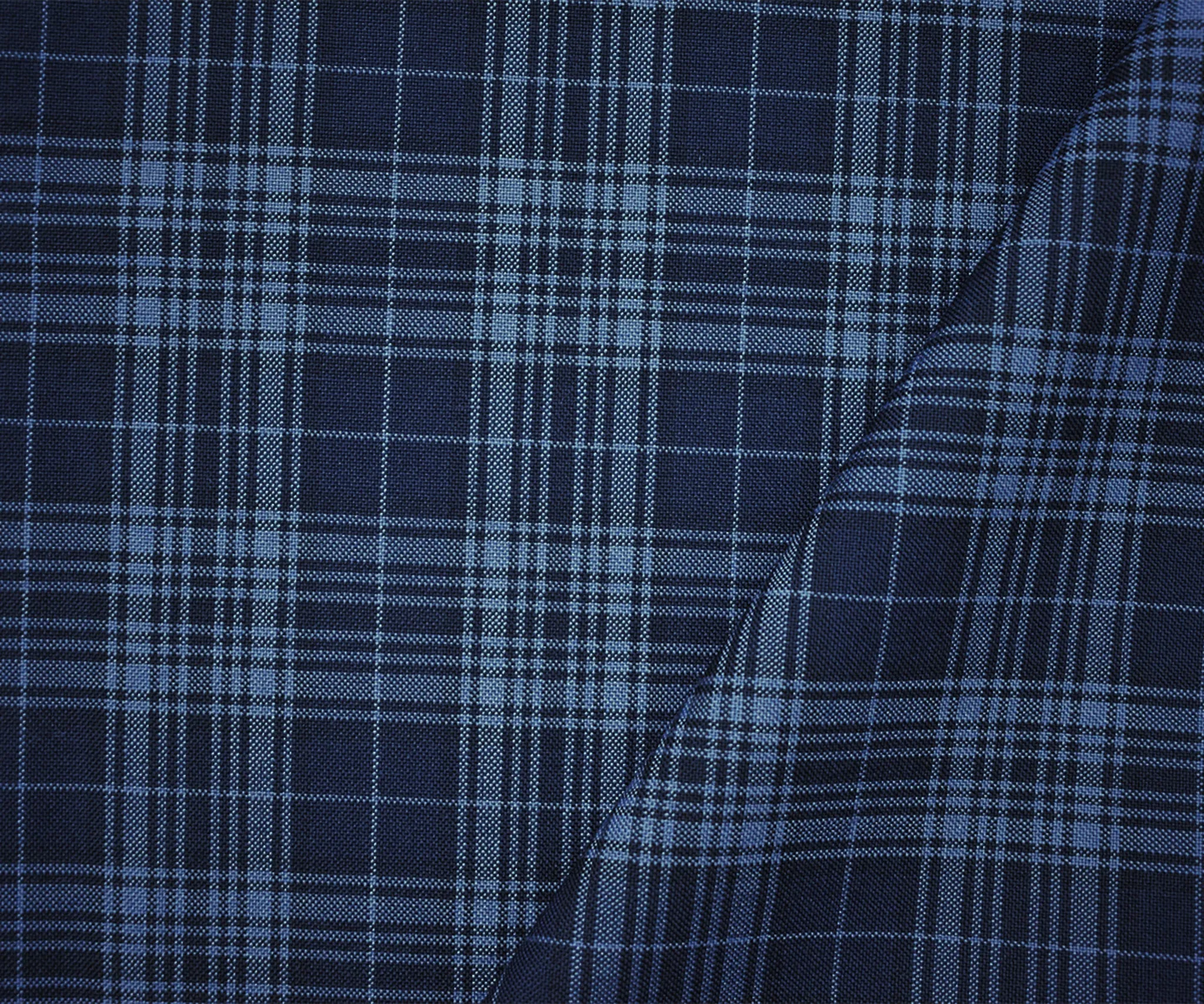 Deep Blue-Black Wool-Polyester Plaid Woven Shirting Fabric