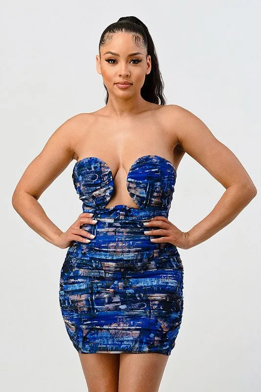 DEEP OCEAN PRINT MINI BODYCON DRESS