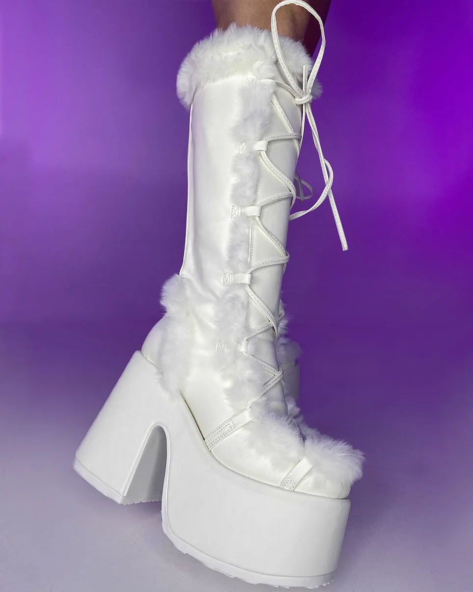Demonia White Furry Winter Faux Fur Boots
