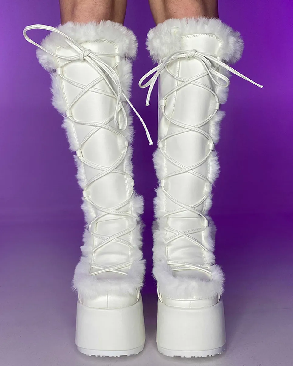 Demonia White Furry Winter Faux Fur Boots
