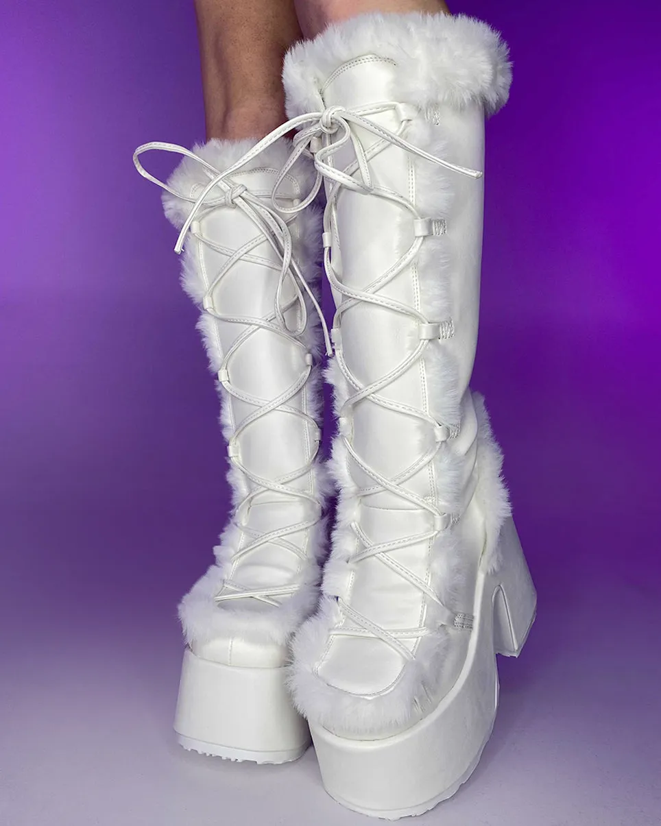 Demonia White Furry Winter Faux Fur Boots