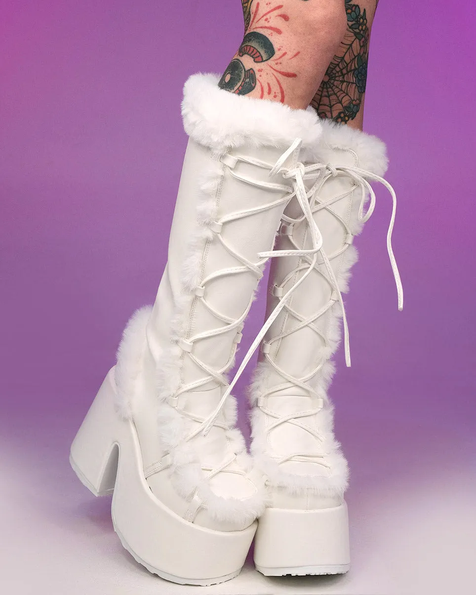 Demonia White Furry Winter Faux Fur Boots