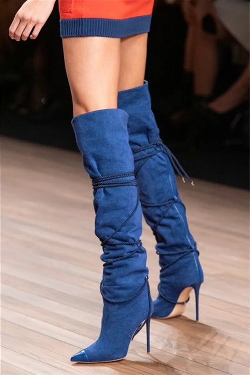 Denim Blue Cross-tied Cowboy Boots Women Pointed Toe Over knee Boots