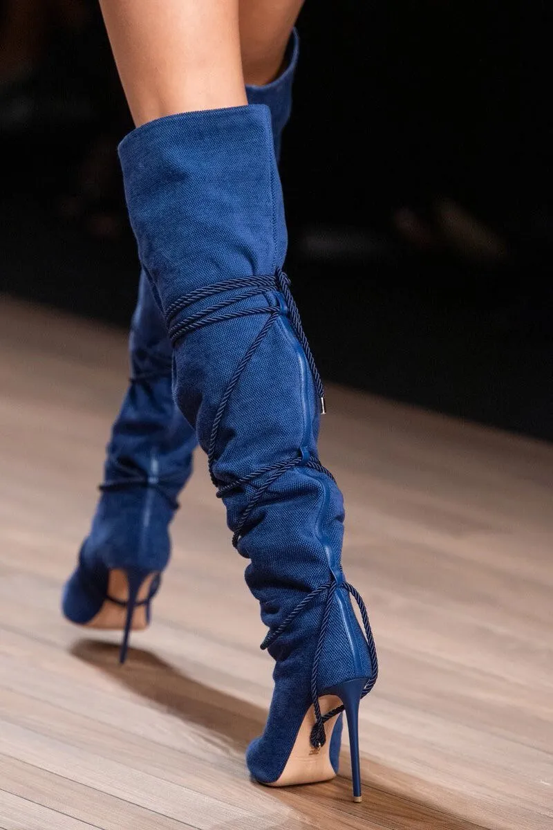 Denim Blue Cross-tied Cowboy Boots Women Pointed Toe Over knee Boots
