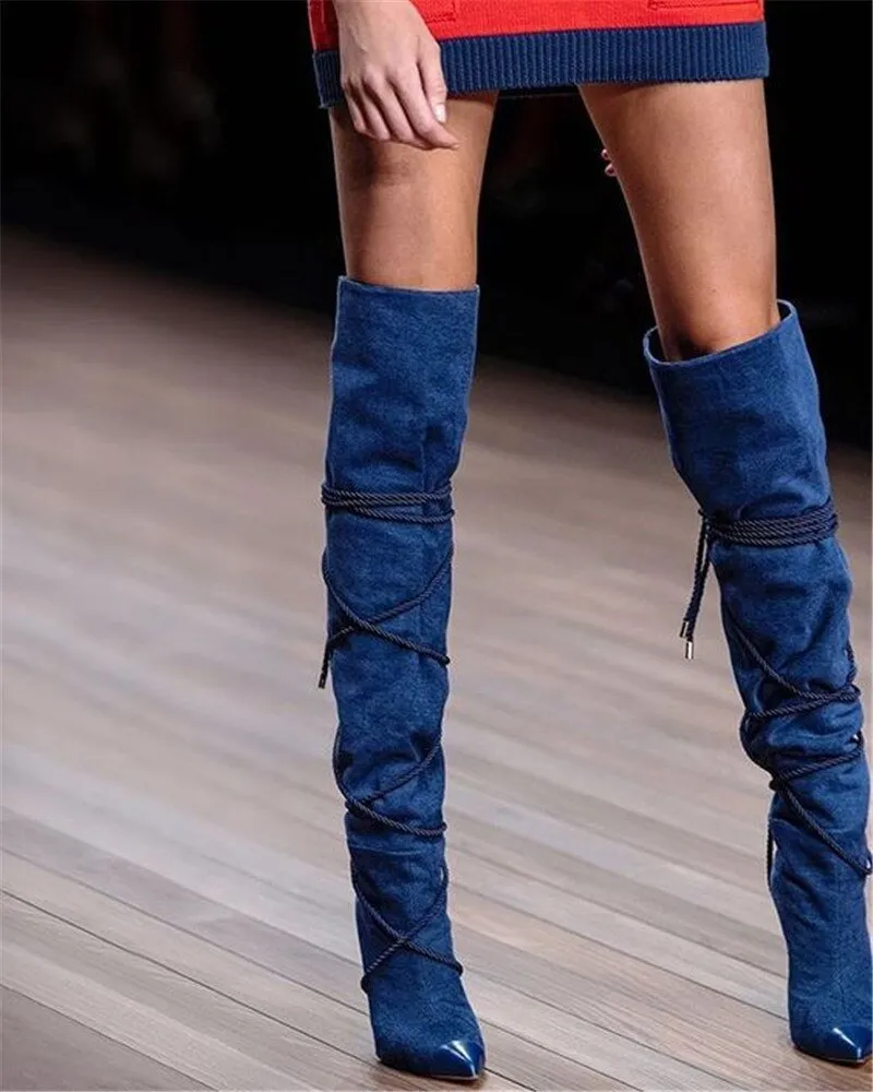 Denim Blue Cross-tied Cowboy Boots Women Pointed Toe Over knee Boots