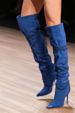 Denim Blue Cross-tied Cowboy Boots Women Pointed Toe Over knee Boots