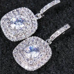 Diamond CZ Square Dangle Earrings, Wedding Crystal Studded Earrings, Minimalist 14K Gold Plated Ear Studs
