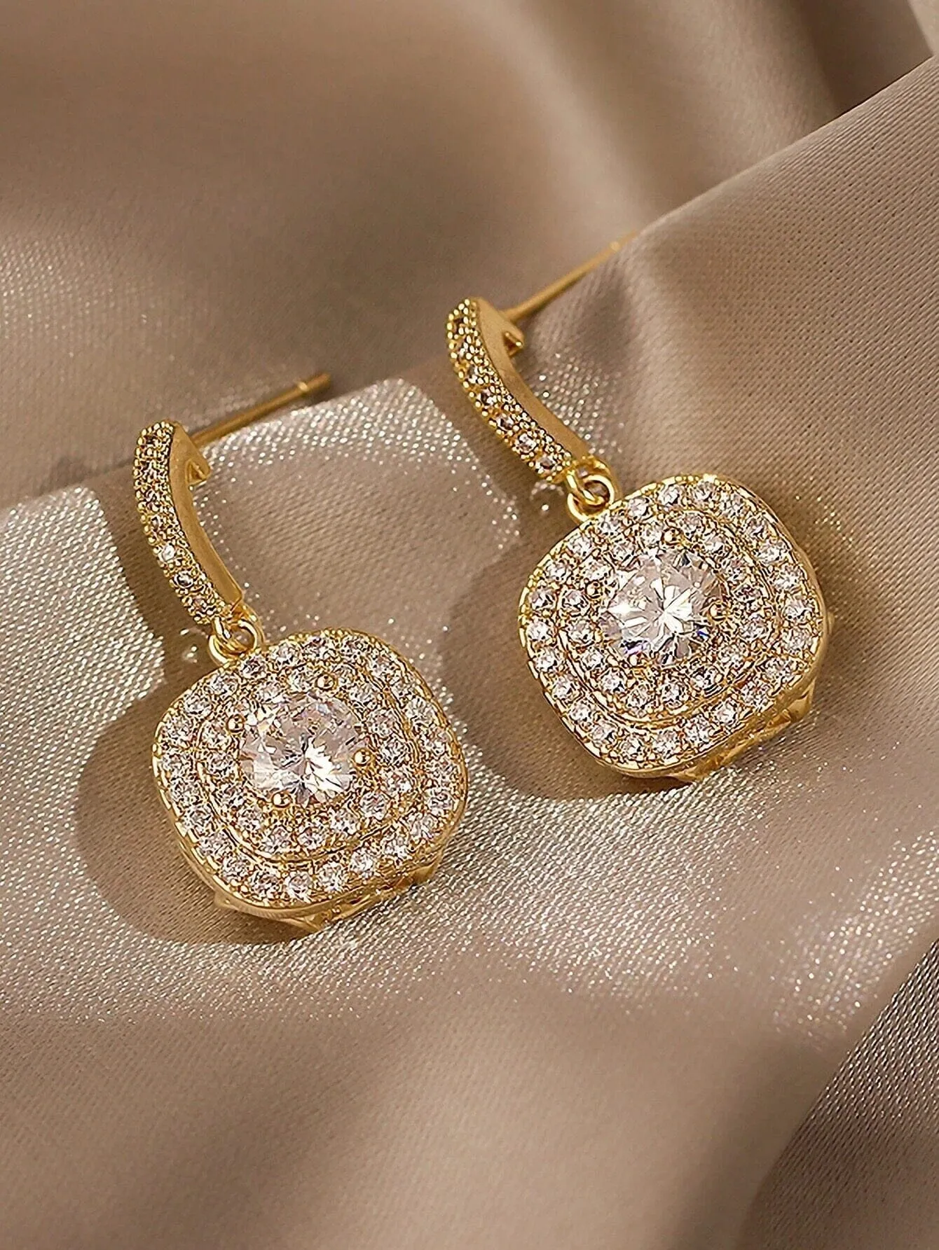 Diamond CZ Square Dangle Earrings, Wedding Crystal Studded Earrings, Minimalist 14K Gold Plated Ear Studs