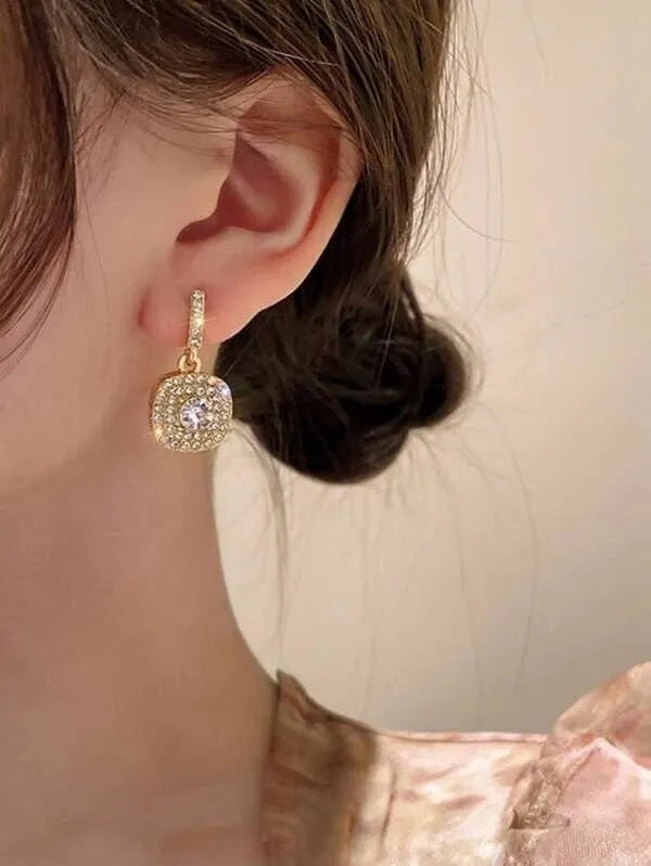Diamond CZ Square Dangle Earrings, Wedding Crystal Studded Earrings, Minimalist 14K Gold Plated Ear Studs
