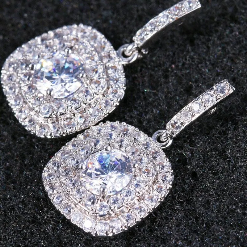 Diamond CZ Square Dangle Earrings, Wedding Crystal Studded Earrings, Minimalist 14K Gold Plated Ear Studs