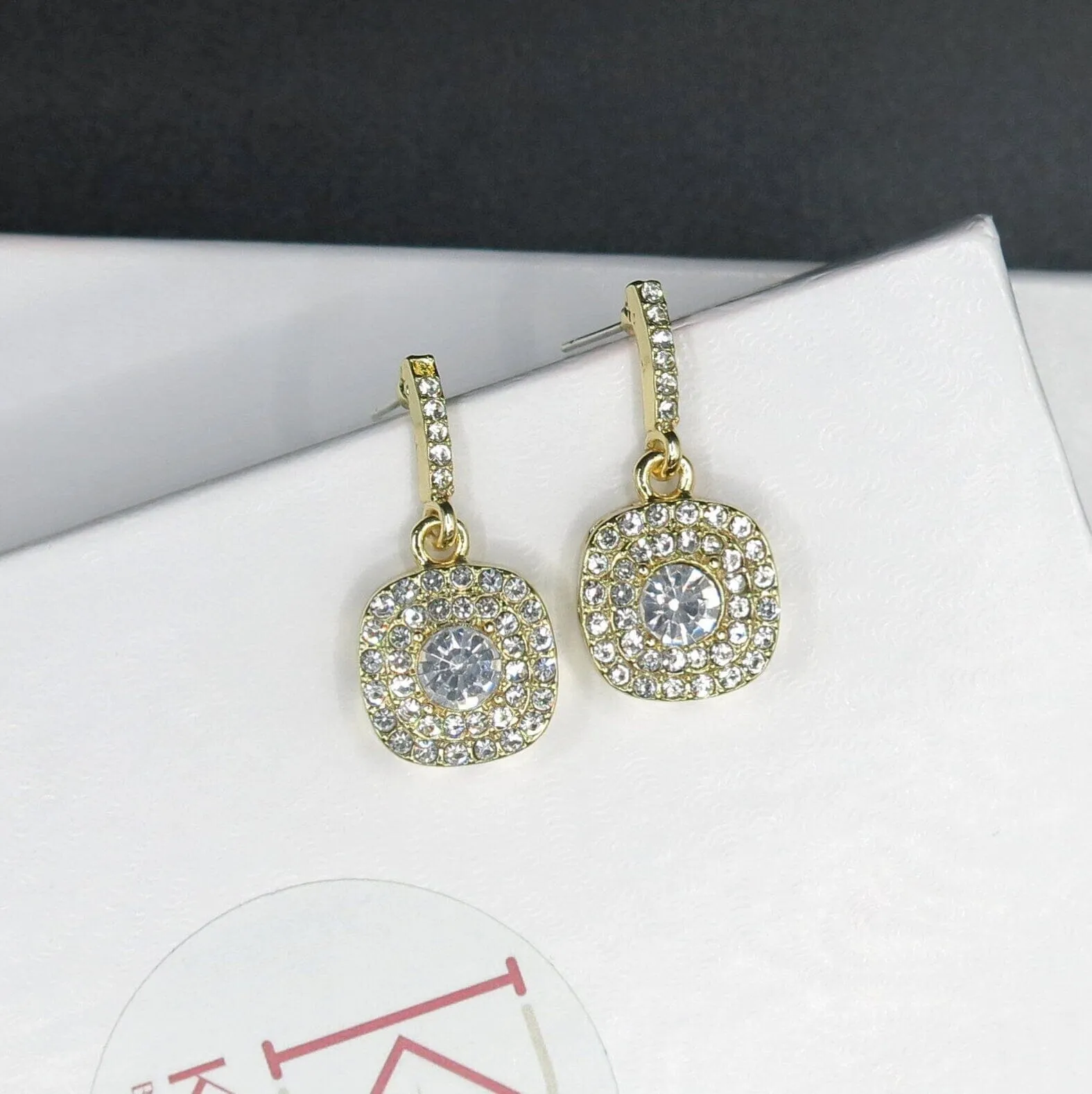 Diamond CZ Square Dangle Earrings, Wedding Crystal Studded Earrings, Minimalist 14K Gold Plated Ear Studs