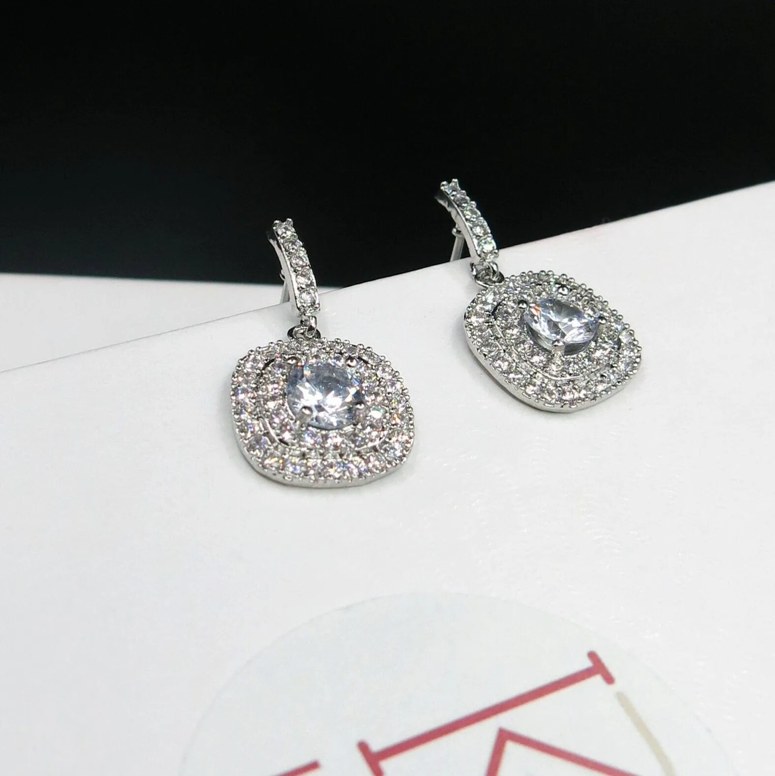Diamond CZ Square Dangle Earrings, Wedding Crystal Studded Earrings, Minimalist 14K Gold Plated Ear Studs