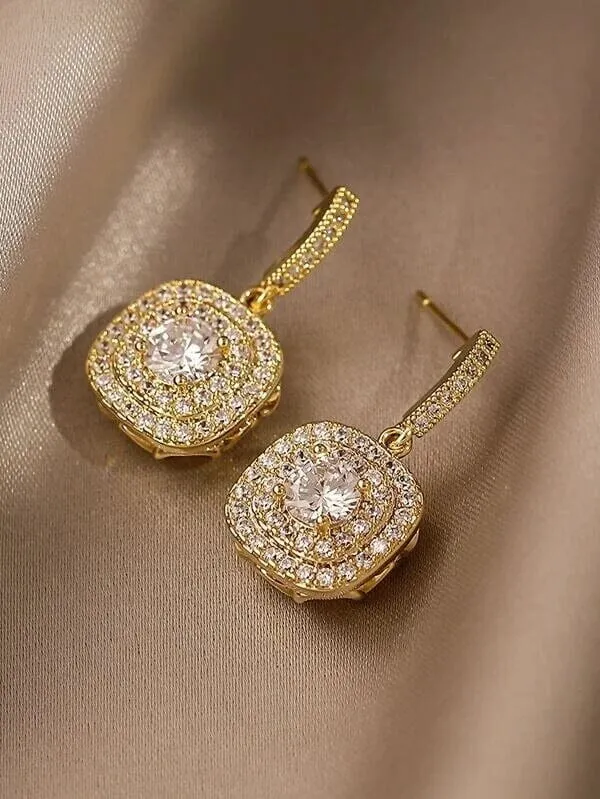 Diamond CZ Square Dangle Earrings, Wedding Crystal Studded Earrings, Minimalist 14K Gold Plated Ear Studs