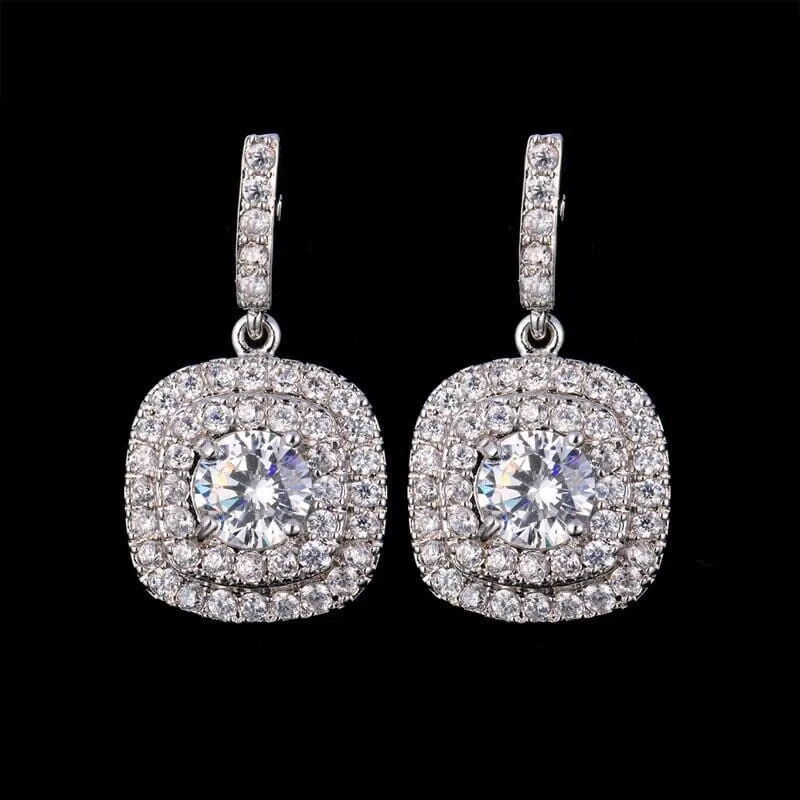 Diamond CZ Square Dangle Earrings, Wedding Crystal Studded Earrings, Minimalist 14K Gold Plated Ear Studs