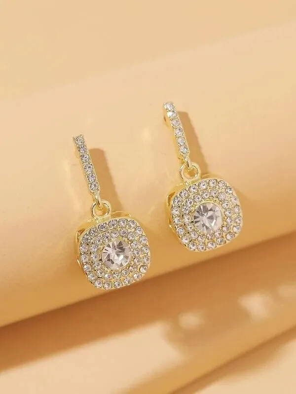 Diamond CZ Square Dangle Earrings, Wedding Crystal Studded Earrings, Minimalist 14K Gold Plated Ear Studs