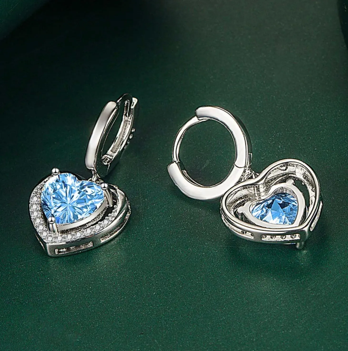 Diamond Earrings | Heart Earrings | Blue Diamond Heart Earrings | Womens Earrings | Heart earrings with Blue Diamonds | Hoop Earrings