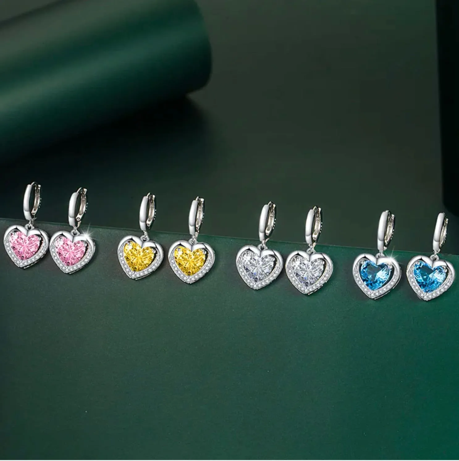 Diamond Earrings | Heart Earrings | Blue Diamond Heart Earrings | Womens Earrings | Heart earrings with Blue Diamonds | Hoop Earrings