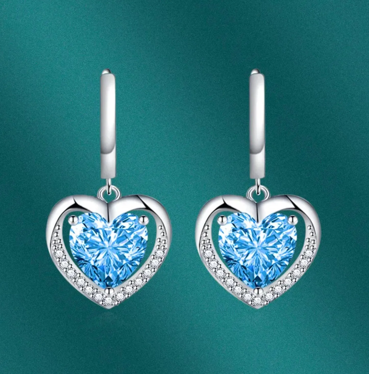 Diamond Earrings | Heart Earrings | Blue Diamond Heart Earrings | Womens Earrings | Heart earrings with Blue Diamonds | Hoop Earrings