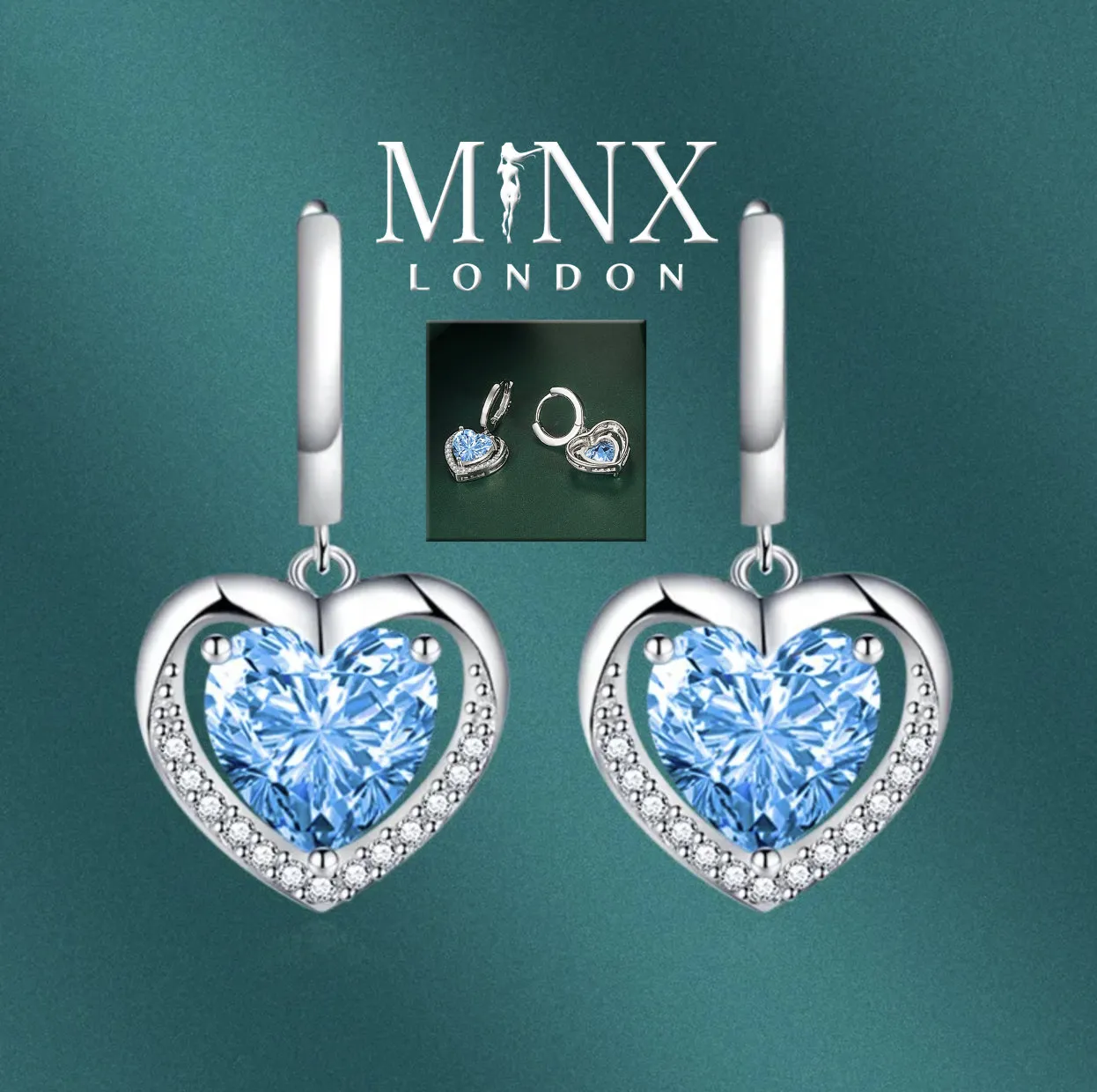 Diamond Earrings | Heart Earrings | Blue Diamond Heart Earrings | Womens Earrings | Heart earrings with Blue Diamonds | Hoop Earrings