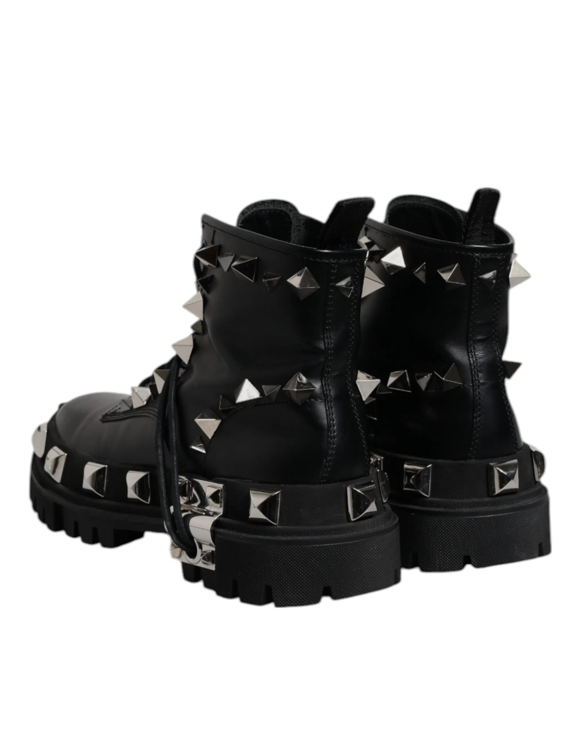 Dolce&Gabbana Men Black Ankle Shoes Leather Studded Lace Up Flat Boots Sz EUR 44