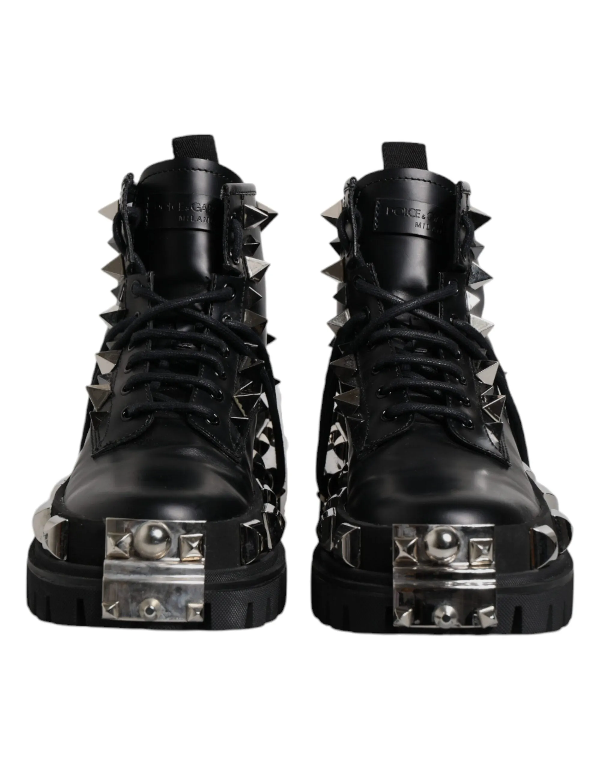Dolce&Gabbana Men Black Ankle Shoes Leather Studded Lace Up Flat Boots Sz EUR 44