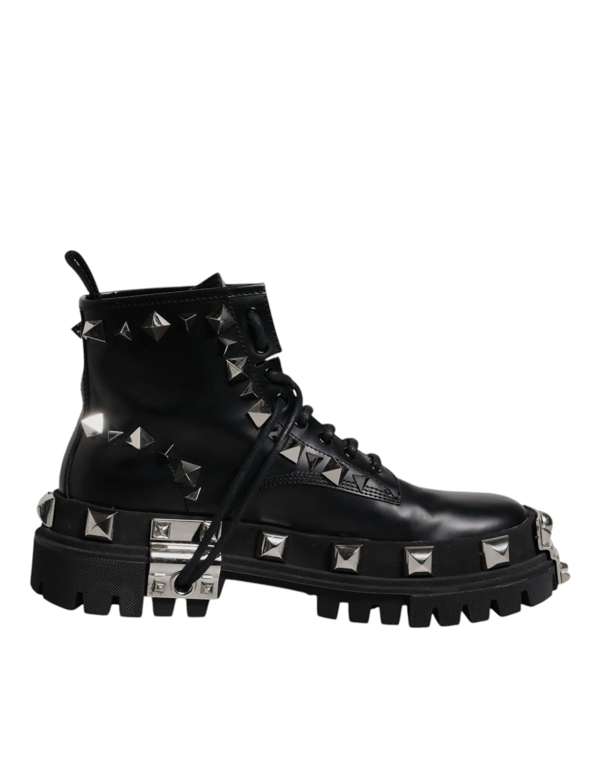 Dolce&Gabbana Men Black Ankle Shoes Leather Studded Lace Up Flat Boots Sz EUR 44