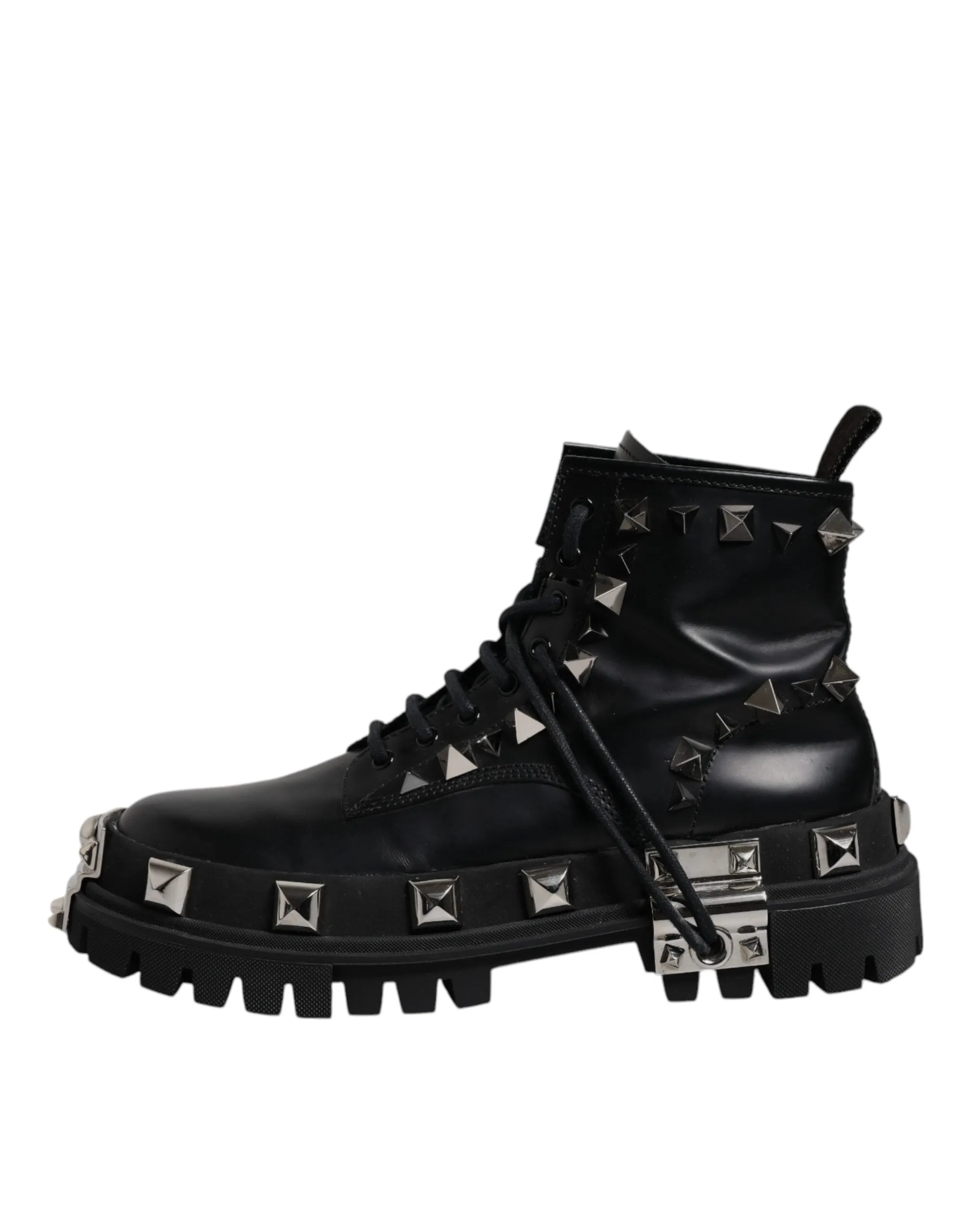 Dolce&Gabbana Men Black Ankle Shoes Leather Studded Lace Up Flat Boots Sz EUR 44