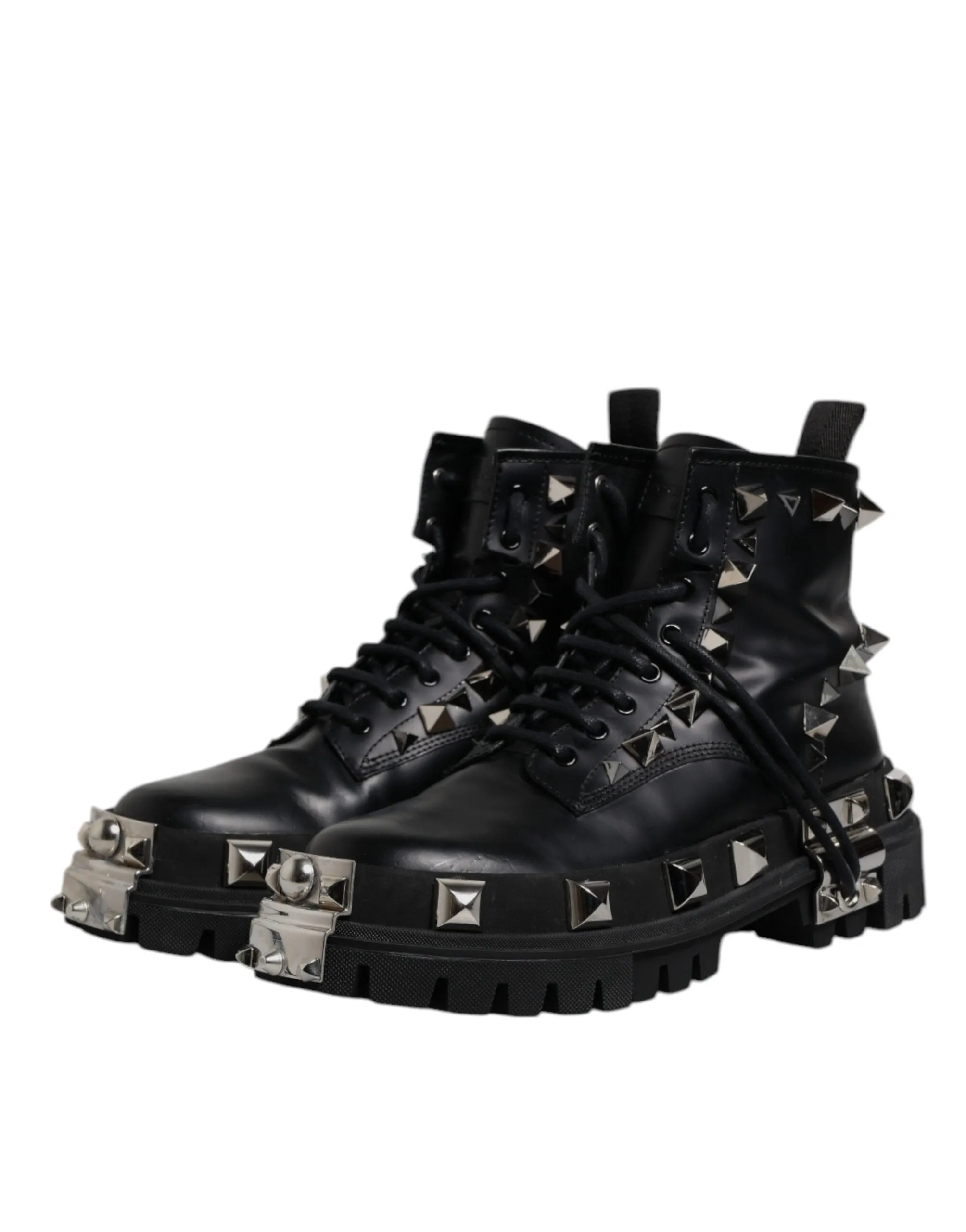 Dolce&Gabbana Men Black Ankle Shoes Leather Studded Lace Up Flat Boots Sz EUR 44
