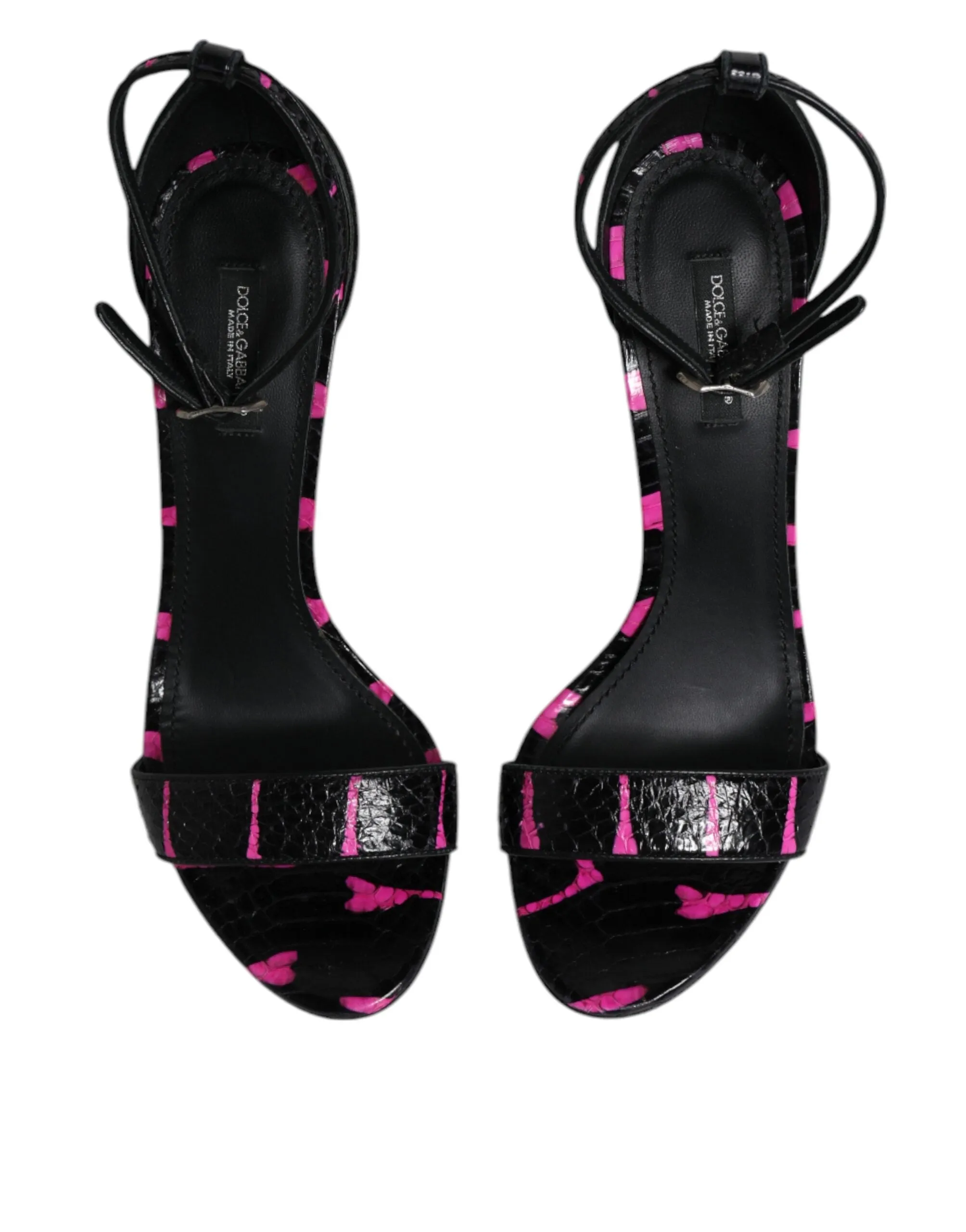 Dolce&Gabbana Women Black Pink Sandals Leather Ankle Strap Logo Heel Shoes EU 39