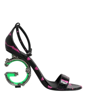 Dolce&Gabbana Women Black Pink Sandals Leather Ankle Strap Logo Heel Shoes EU 39