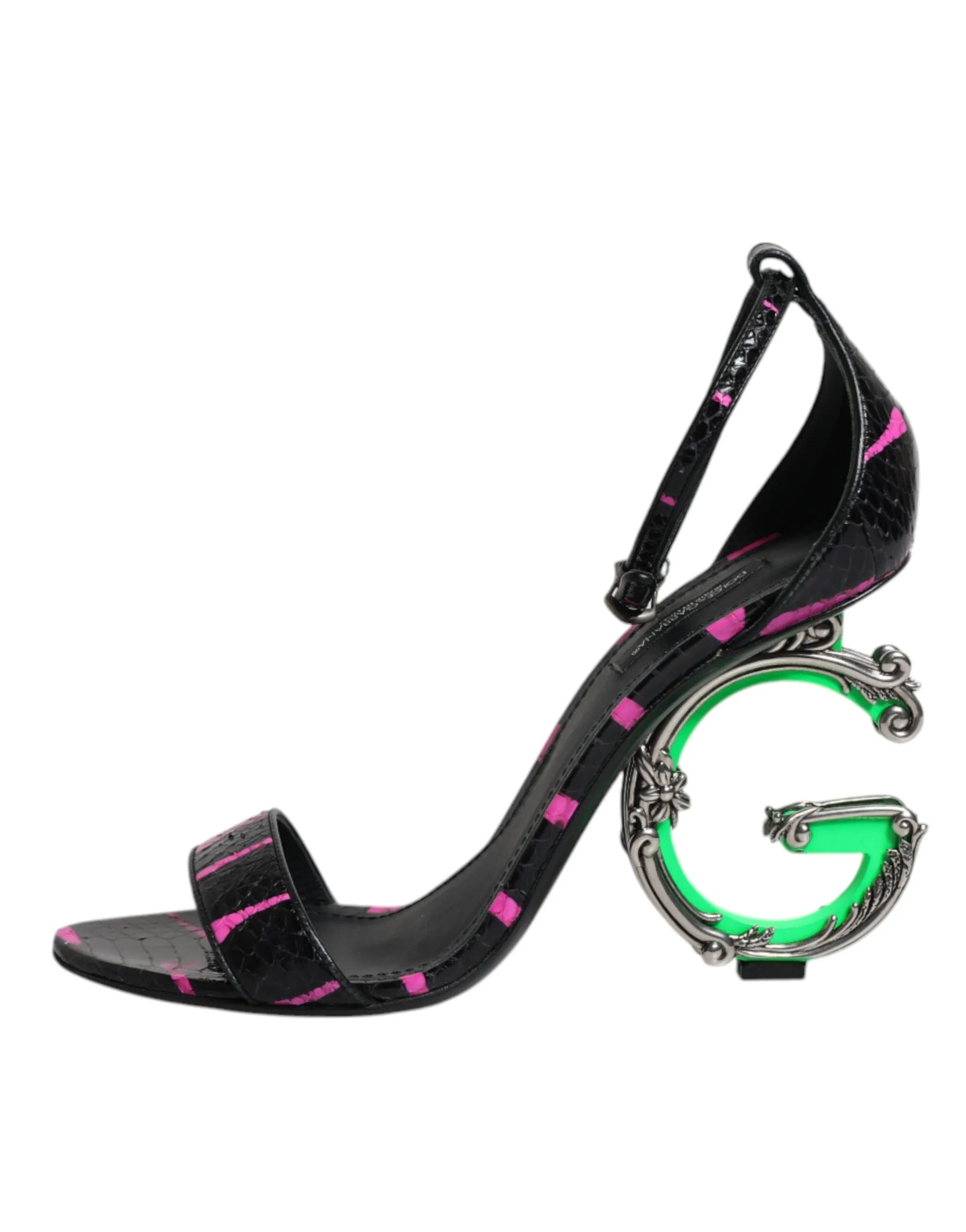 Dolce&Gabbana Women Black Pink Sandals Leather Ankle Strap Logo Heel Shoes EU 39