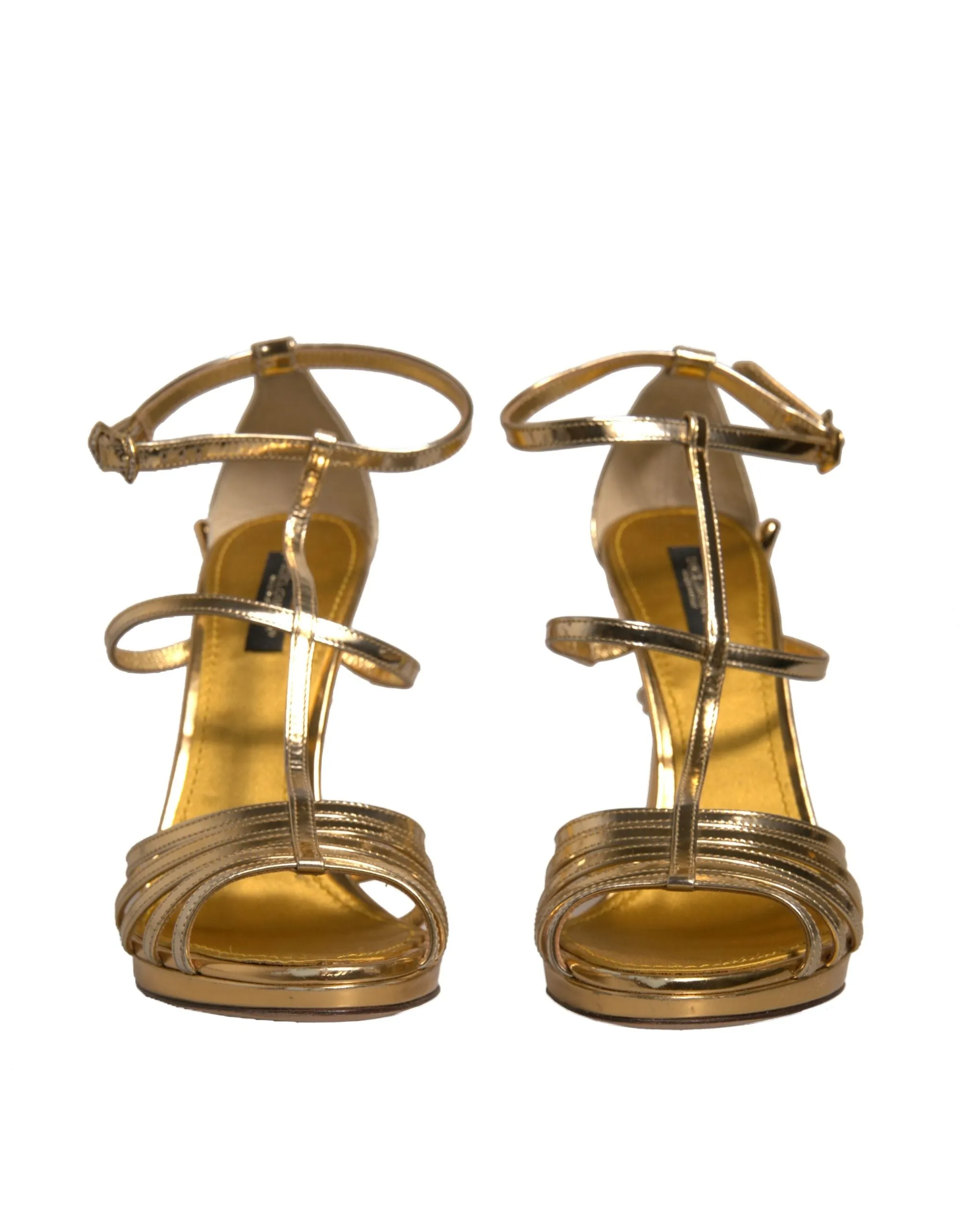 Dolce&Gabbana Women Gold Sandals 100% Leather Strappy Baroque Heel Shoes EUR 38