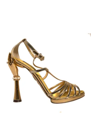 Dolce&Gabbana Women Gold Sandals 100% Leather Strappy Baroque Heel Shoes EUR 38
