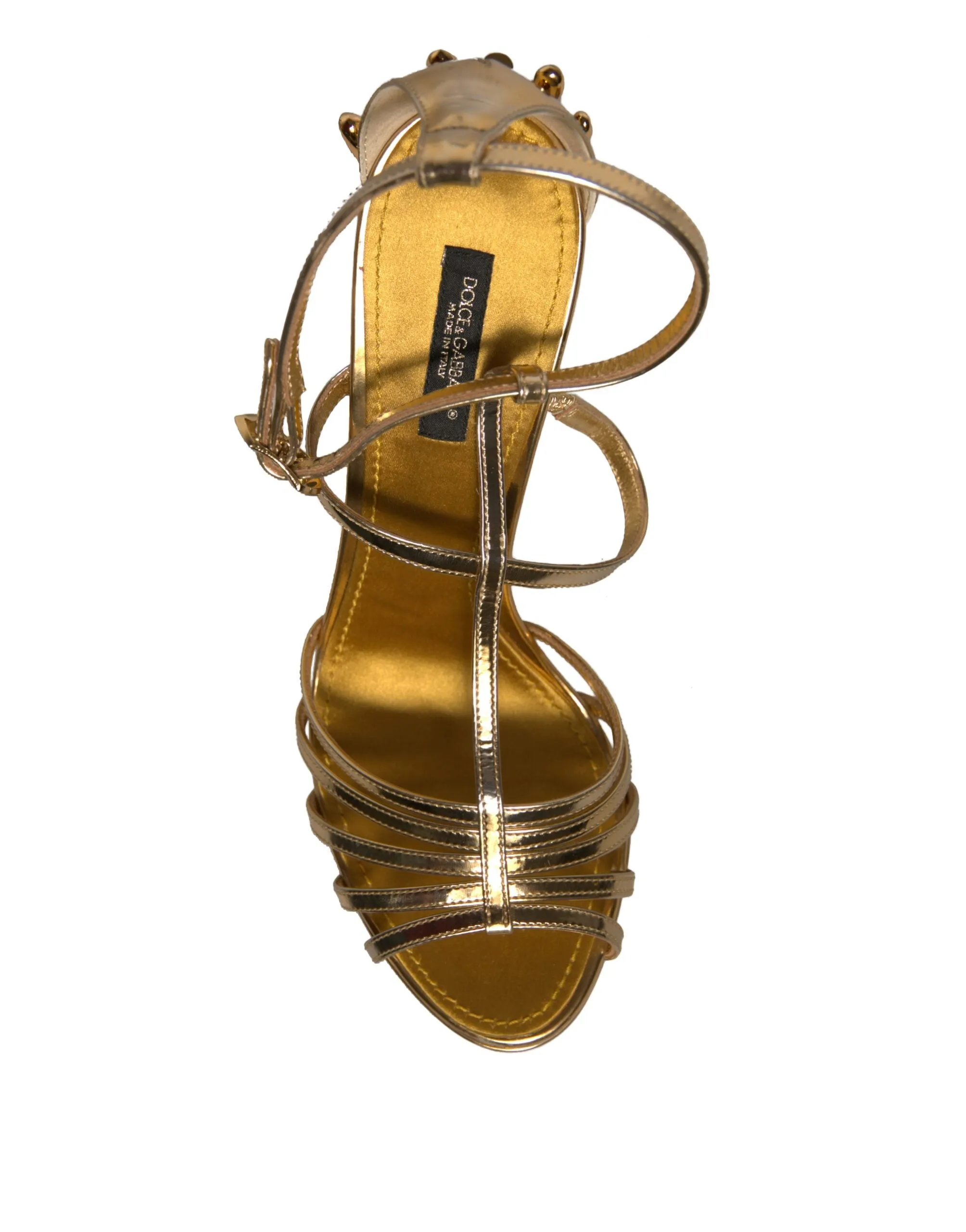 Dolce&Gabbana Women Gold Sandals 100% Leather Strappy Baroque Heel Shoes EUR 38