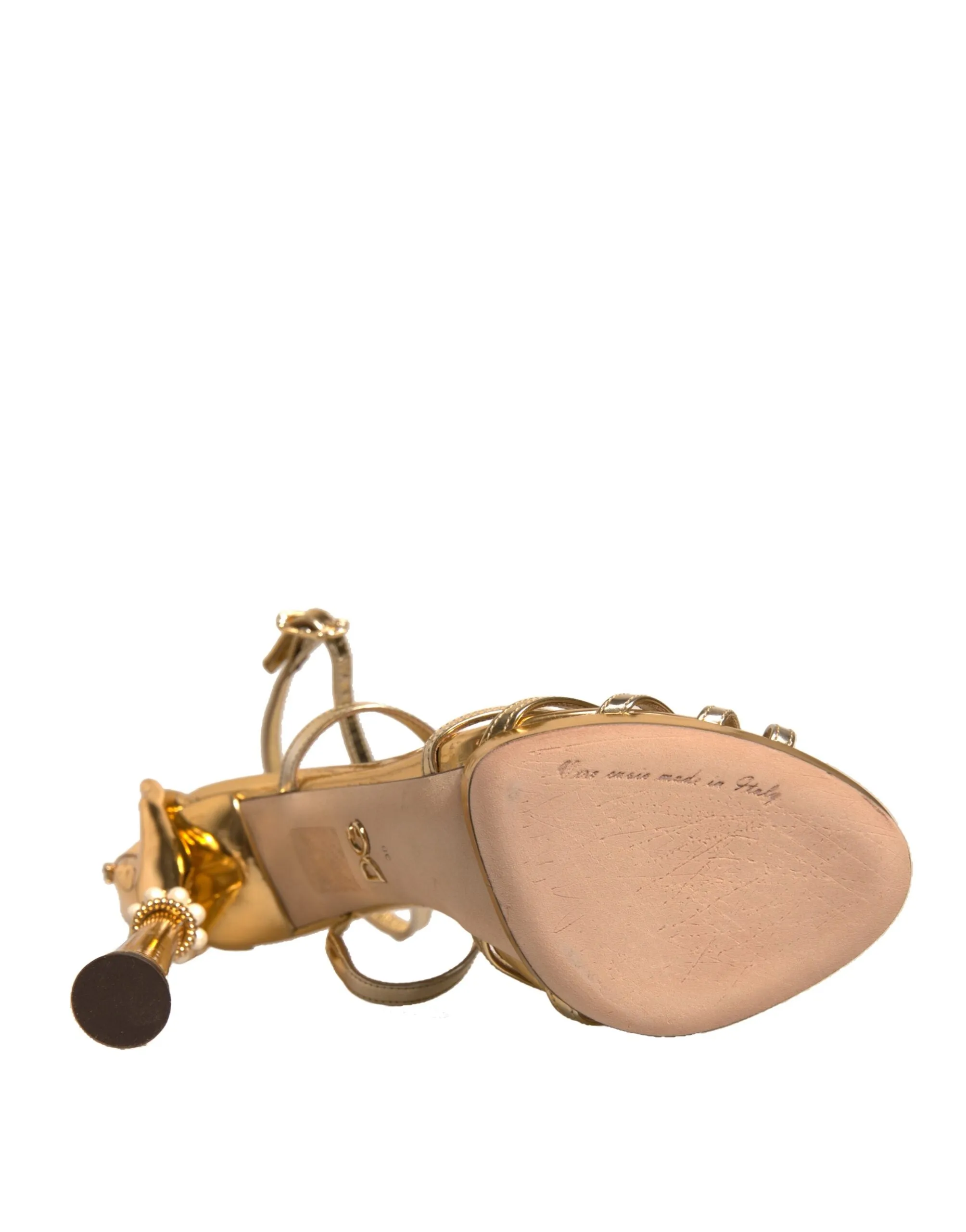 Dolce&Gabbana Women Gold Sandals 100% Leather Strappy Baroque Heel Shoes EUR 38