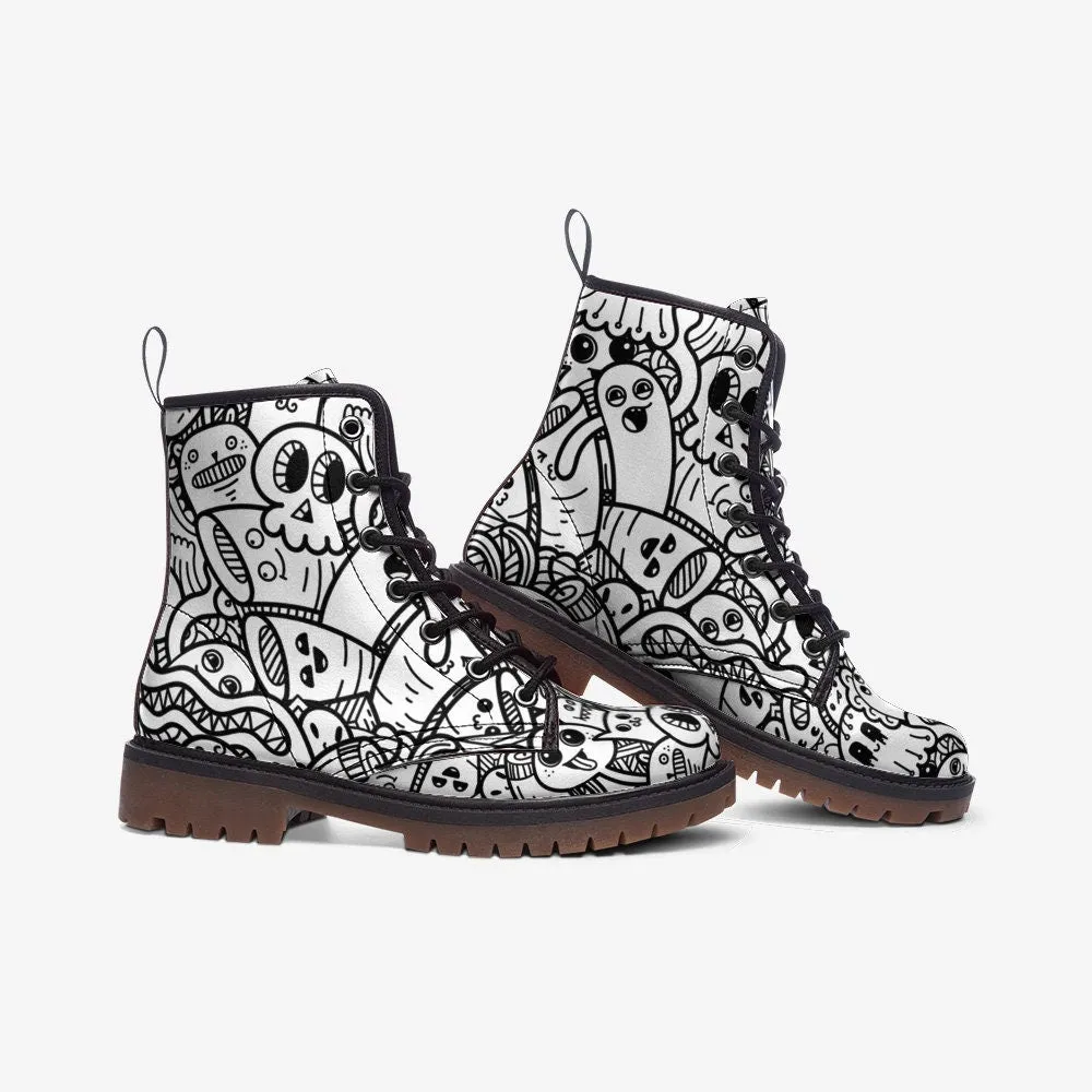 Doodles Black & White Vegan Leather Unisex Boots