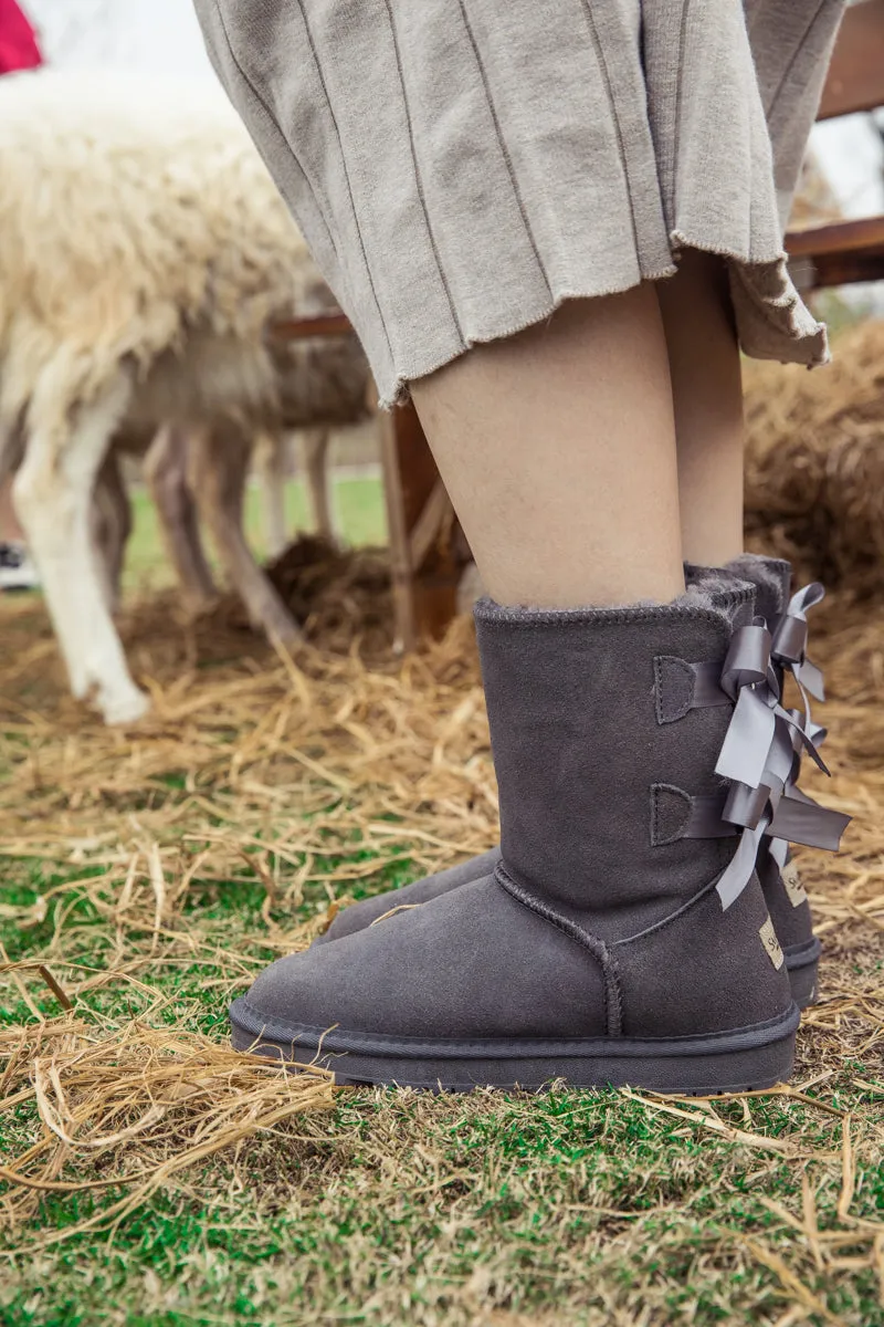 Double-Bow Back Ribbon Suede Boots - Steel Grey