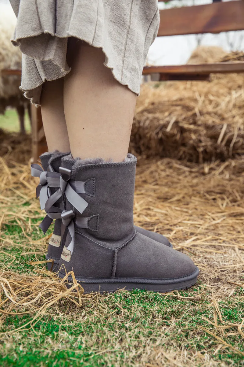 Double-Bow Back Ribbon Suede Boots - Steel Grey