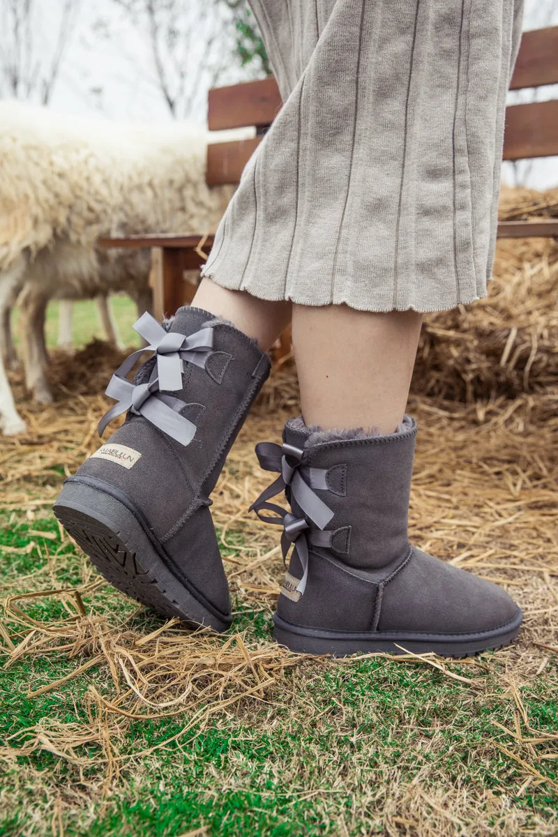 Double-Bow Back Ribbon Suede Boots - Steel Grey
