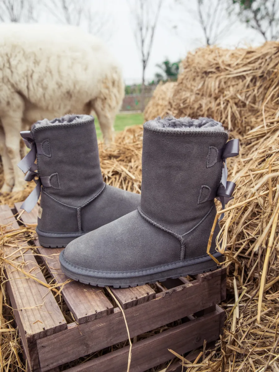 Double-Bow Back Ribbon Suede Boots - Steel Grey