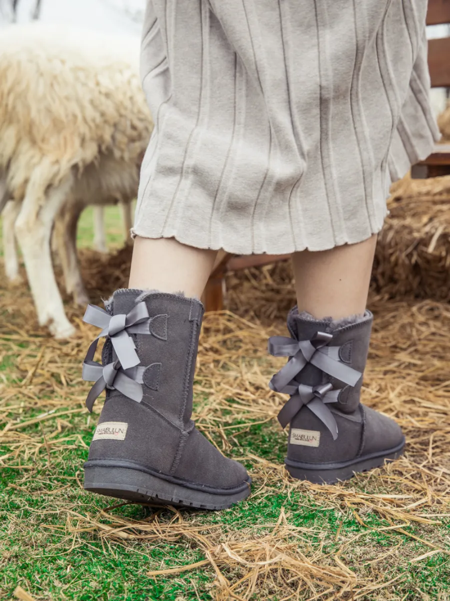 Double-Bow Back Ribbon Suede Boots - Steel Grey