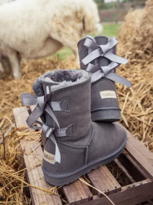 Double-Bow Back Ribbon Suede Boots - Steel Grey