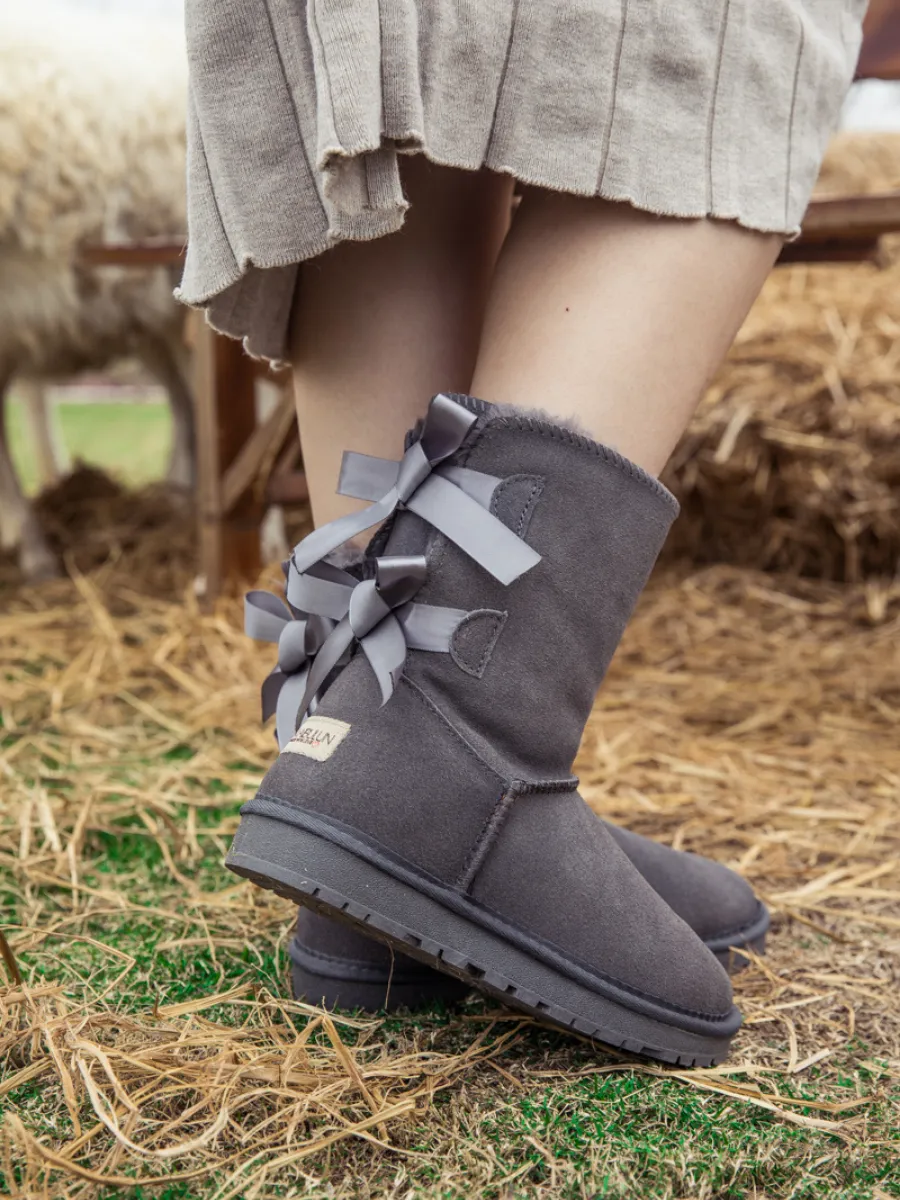 Double-Bow Back Ribbon Suede Boots - Steel Grey
