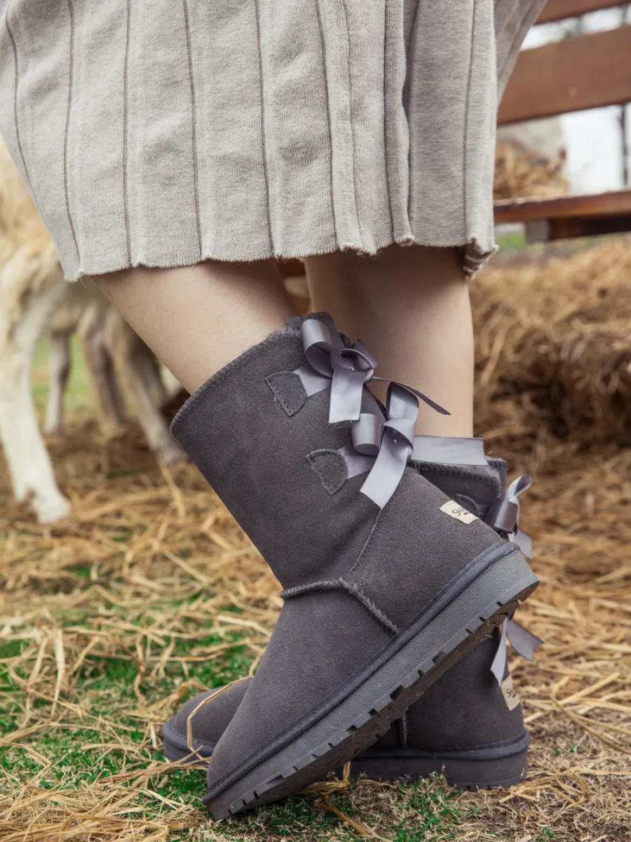 Double-Bow Back Ribbon Suede Boots - Steel Grey